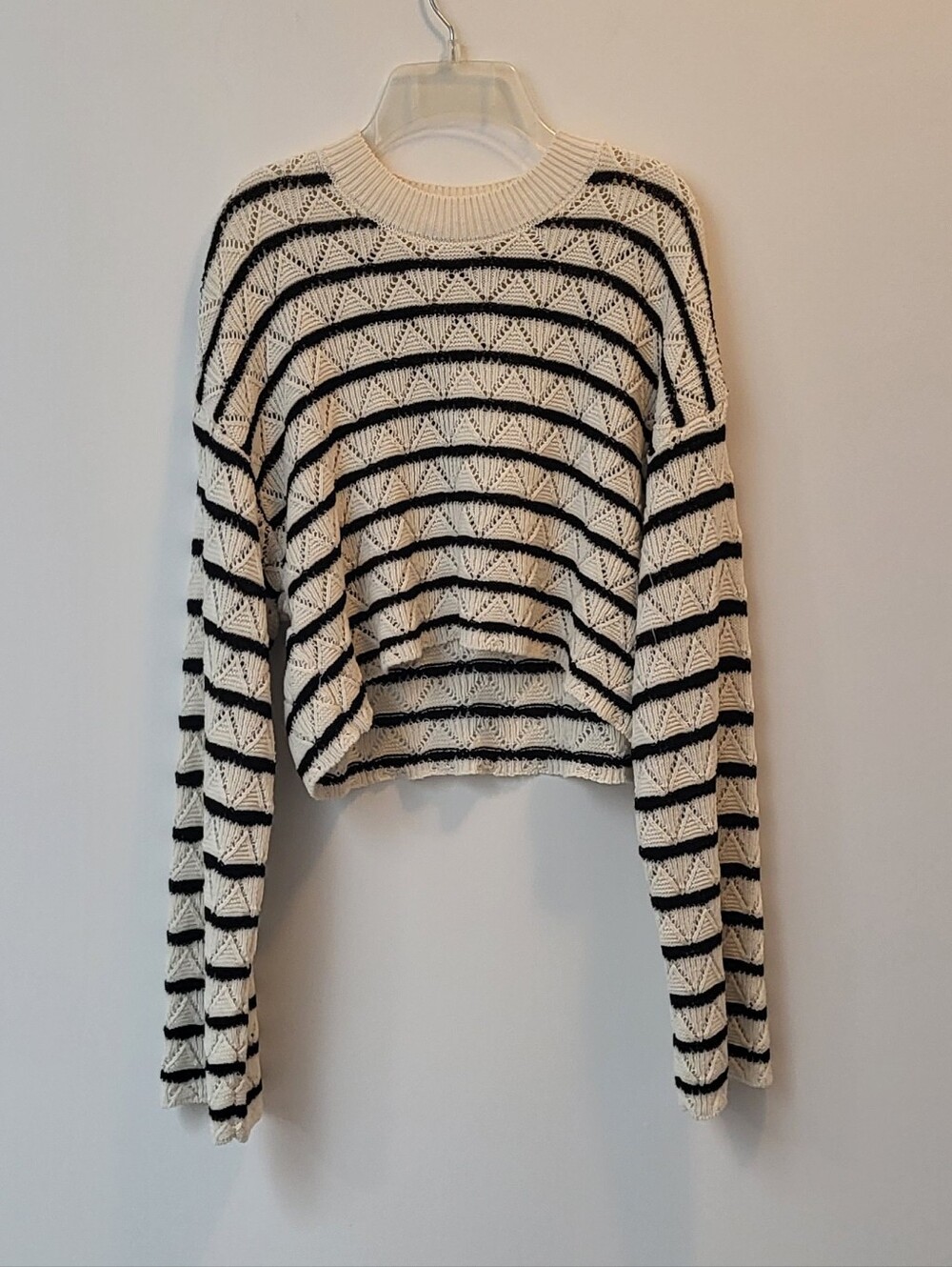 Zara Women’s Black and Cream Striped Open-Knit Sweater